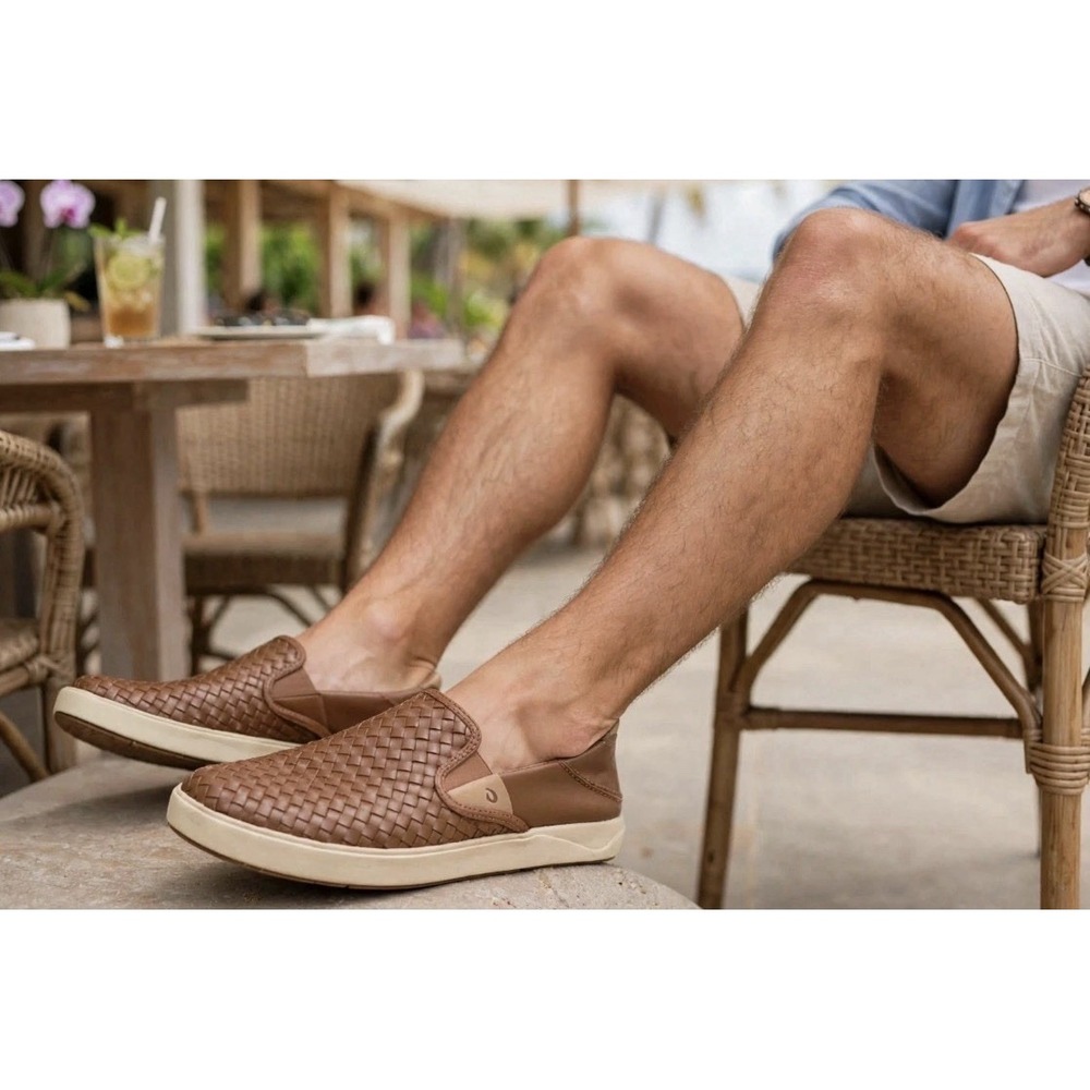 OluKai Lae'ahi Lauhala Men's US 9 Woven Leather Shoes Fox Brown Comfort Casual